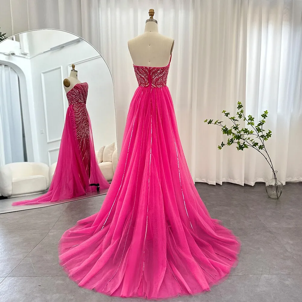 Luxury Dubai Fuchsia Evening Dress with Overskirt Slit SS372