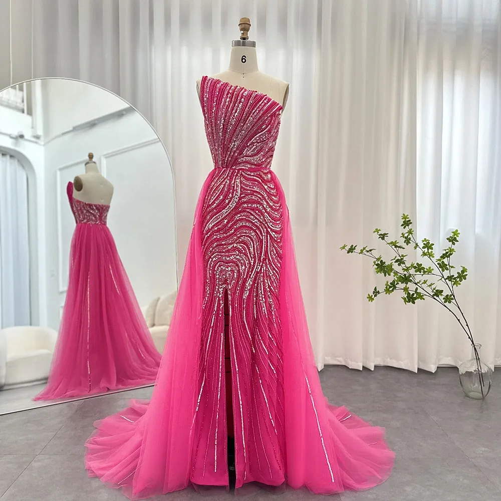 Luxury Dubai Fuchsia Evening Dress with Overskirt Slit SS372