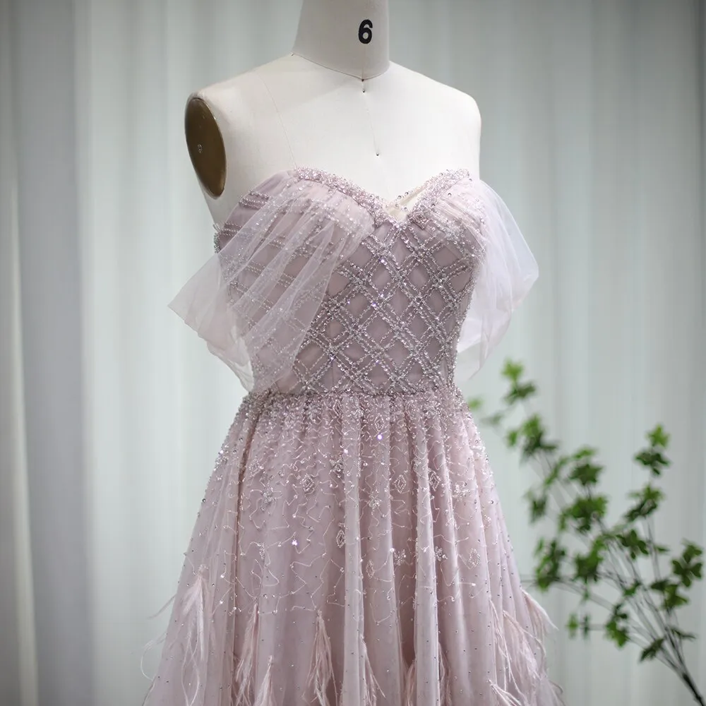 Luxury Feather Pink Off Shoulder Evening Dress SS278