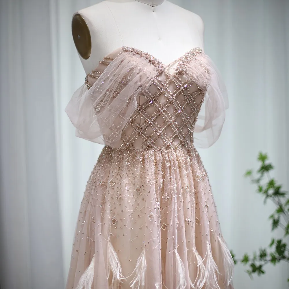 Luxury Feather Pink Off Shoulder Evening Dress SS278