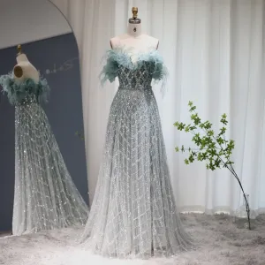 Luxury Feathers Green Off Shoulder Evening Dress SS303