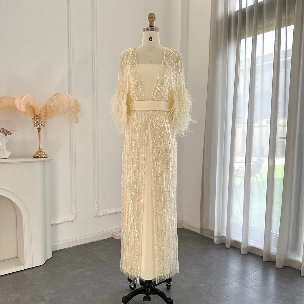 Luxury Feathers Yellow 2 Pieces Evening Dress SS430