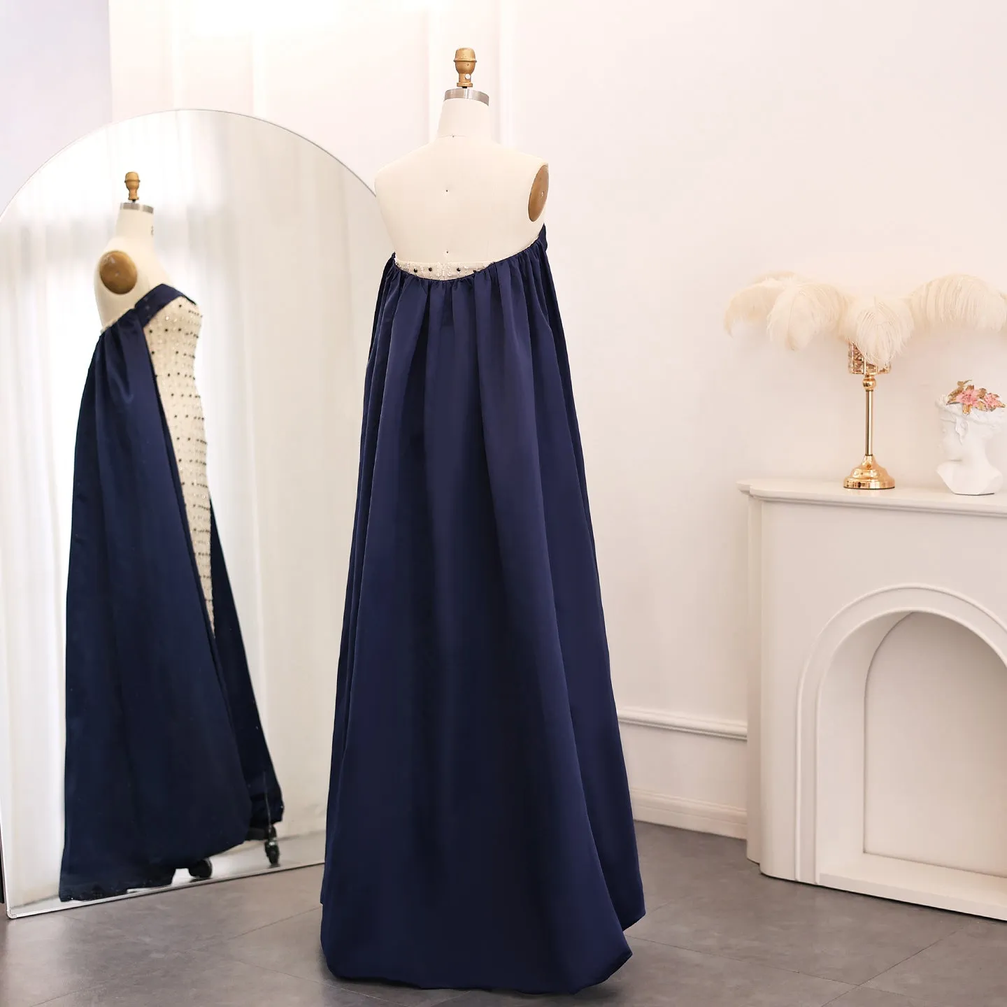 Luxury Navy Blue White Strapless Evening Dress SS422