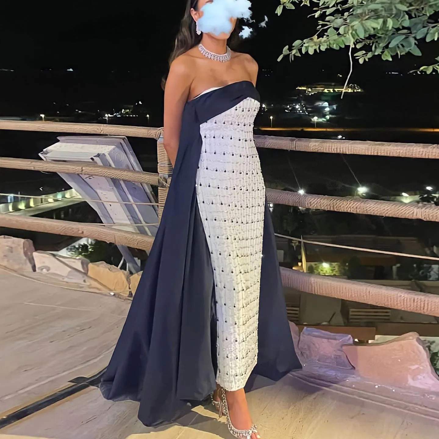 Luxury Navy Blue White Strapless Evening Dress SS422