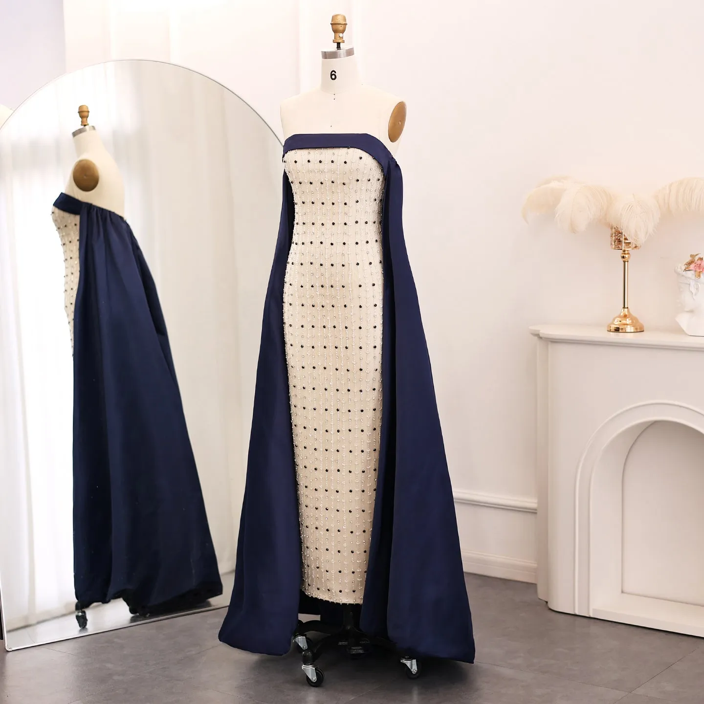 Luxury Navy Blue White Strapless Evening Dress SS422