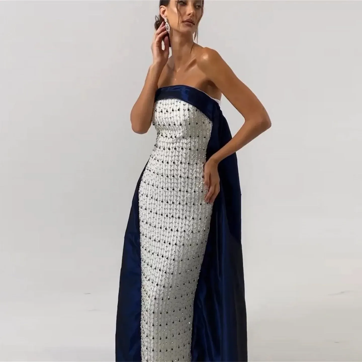 Luxury Navy Blue White Strapless Evening Dress SS422