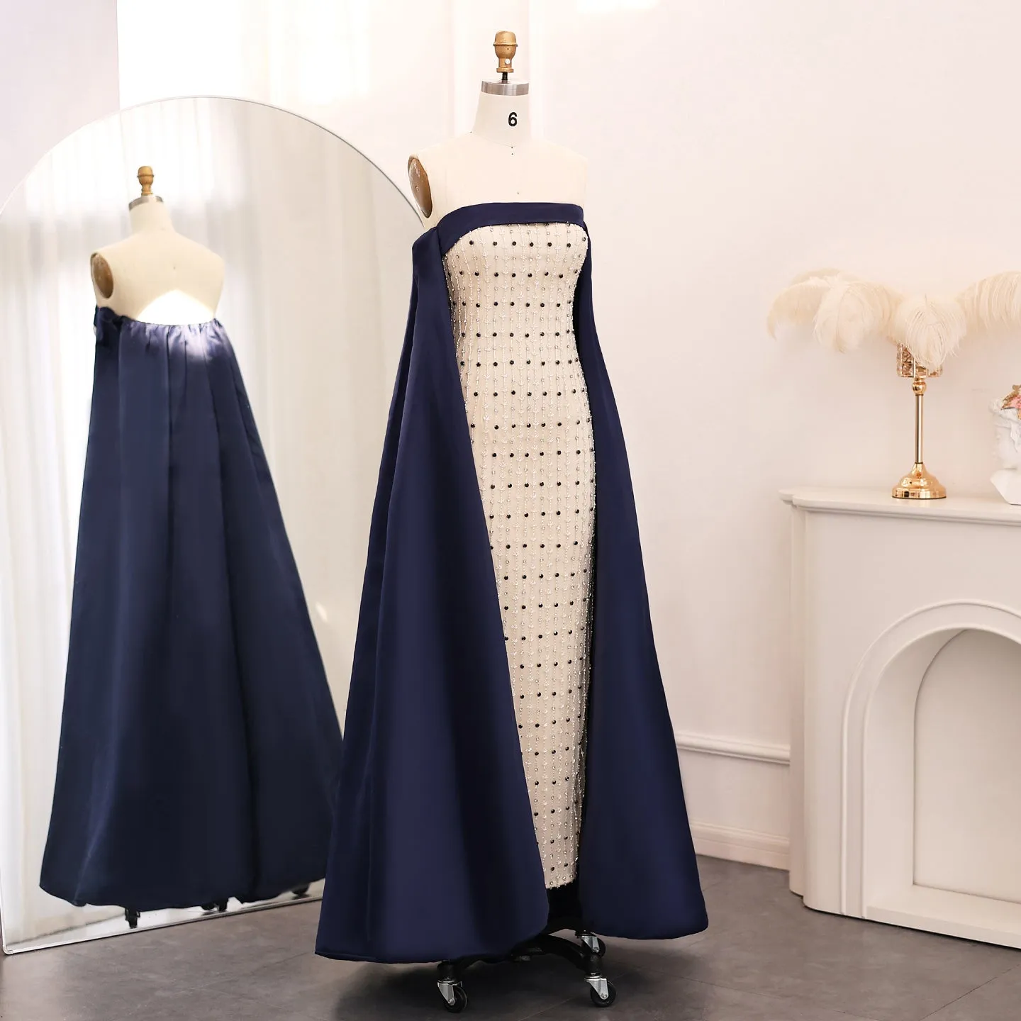 Luxury Navy Blue White Strapless Evening Dress SS422