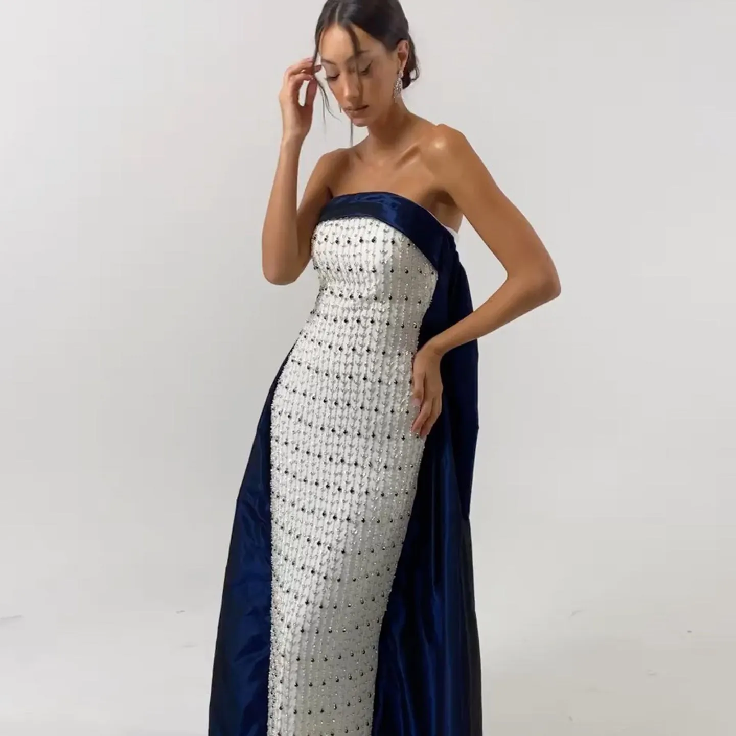 Luxury Navy Blue White Strapless Evening Dress SS422