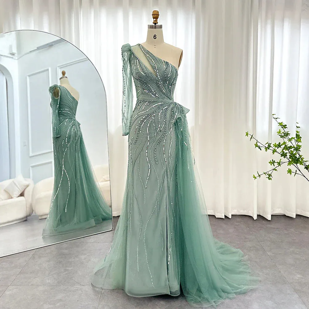 Luxury One Shoulder Green Evening Dress with Overskirt SS160