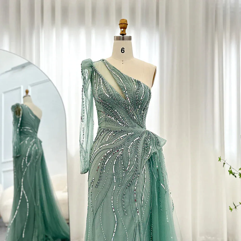 Luxury One Shoulder Green Evening Dress with Overskirt SS160