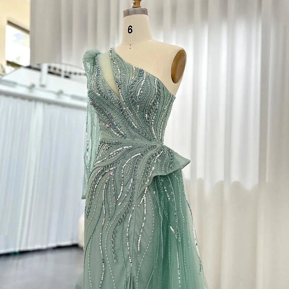 Luxury One Shoulder Green Evening Dress with Overskirt SS160