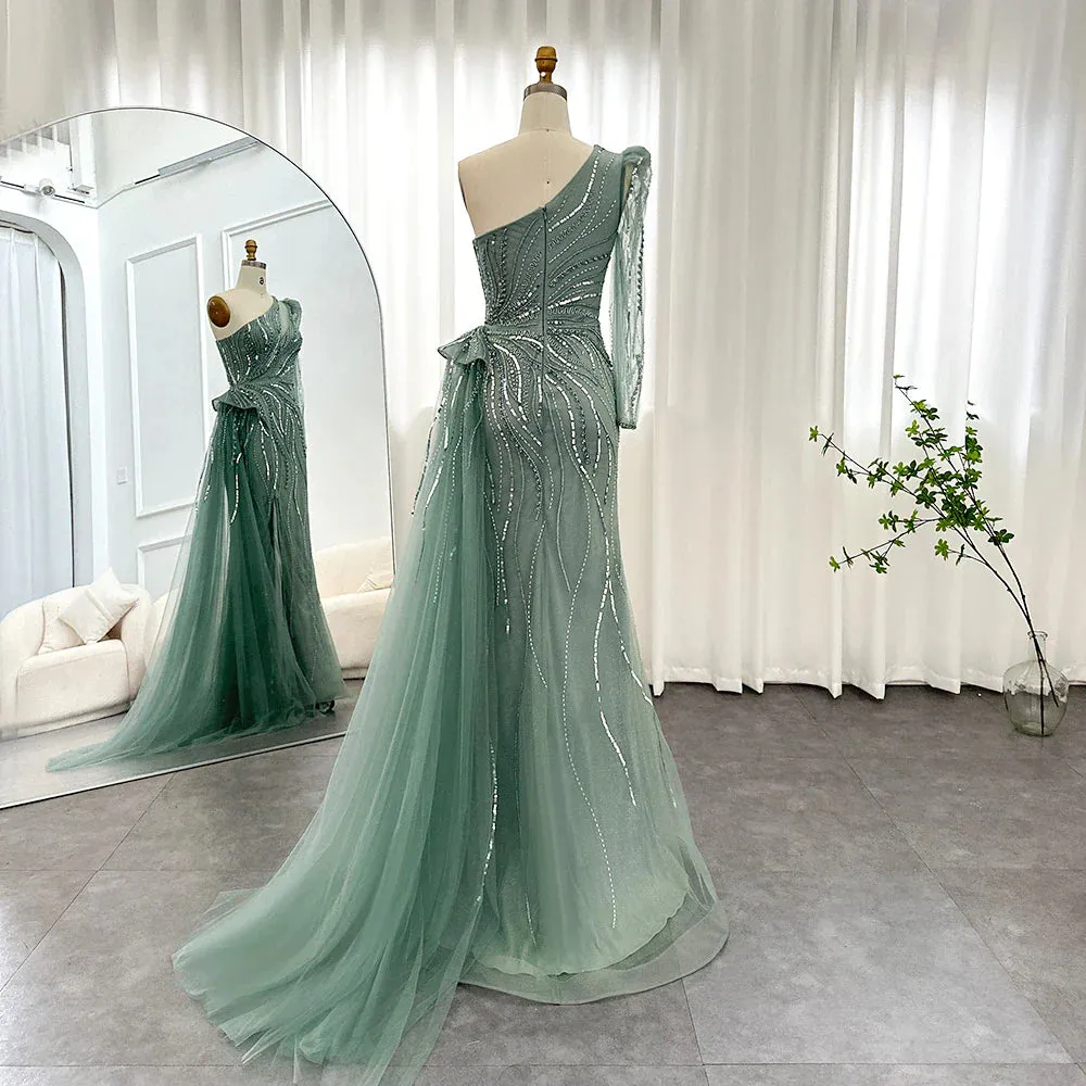 Luxury One Shoulder Green Evening Dress with Overskirt SS160