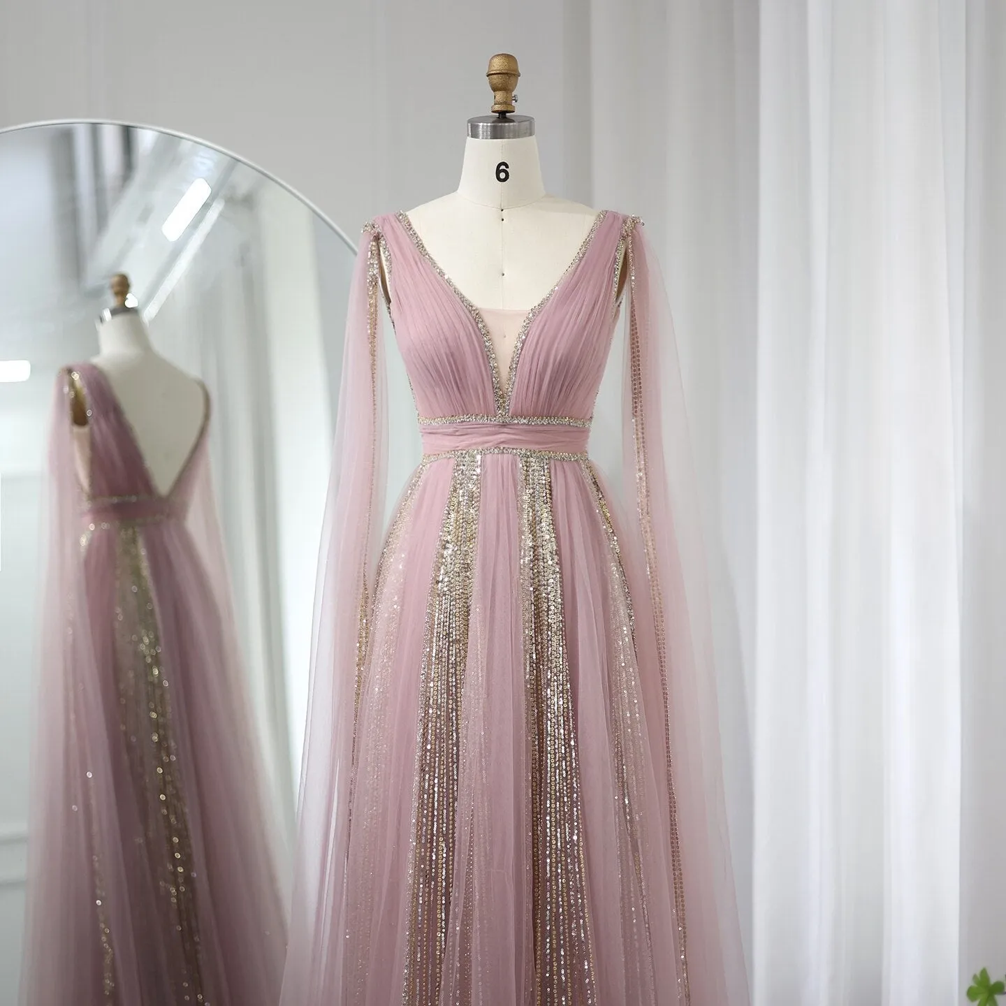 Luxury Pink V Neck Evening Dress with Cape Sleeves SS010