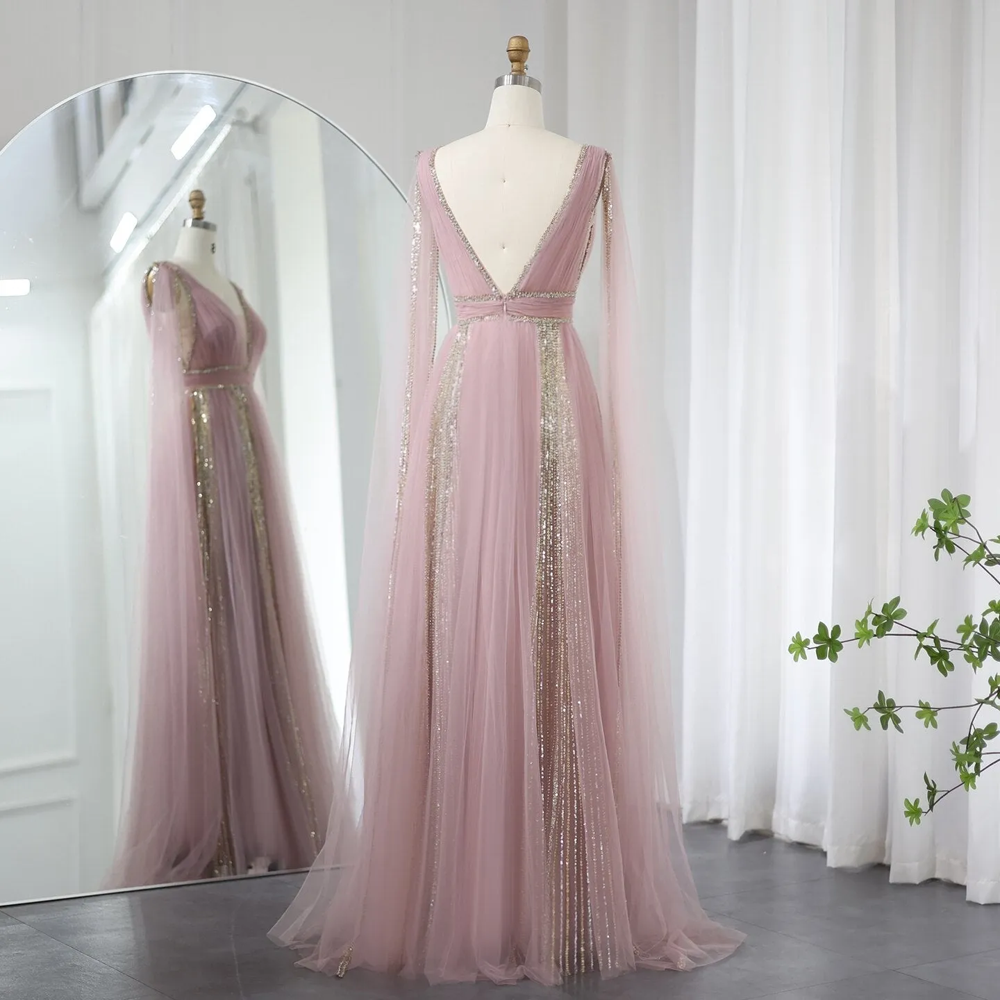 Luxury Pink V Neck Evening Dress with Cape Sleeves SS010