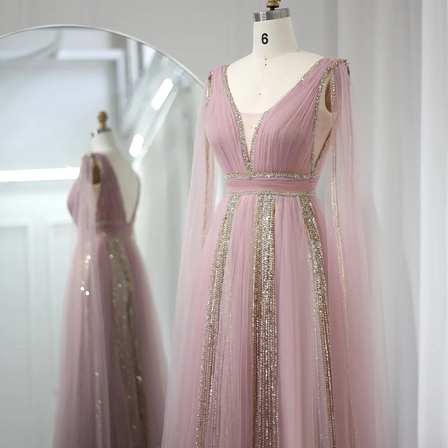 Luxury Pink V Neck Evening Dress with Cape Sleeves SS010