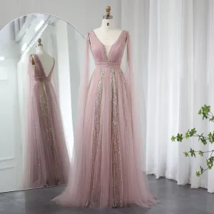 Luxury Pink V Neck Evening Dress with Cape Sleeves SS010