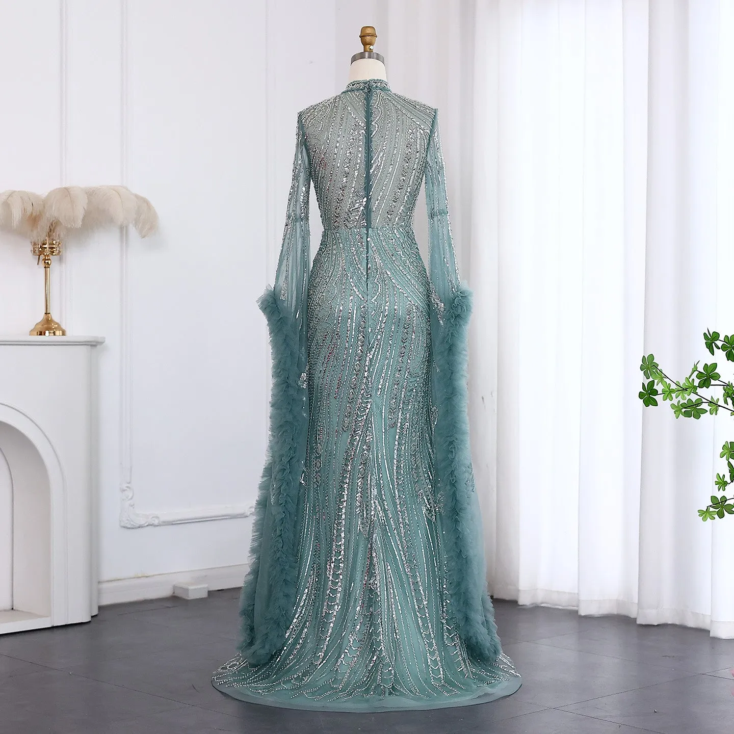 Luxury Sage Green Evening Dress with Cape Sleeves SS020