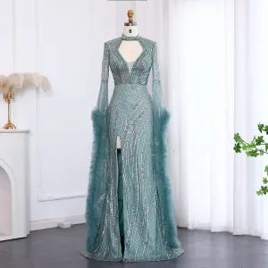 Luxury Sage Green Evening Dress with Cape Sleeves SS020