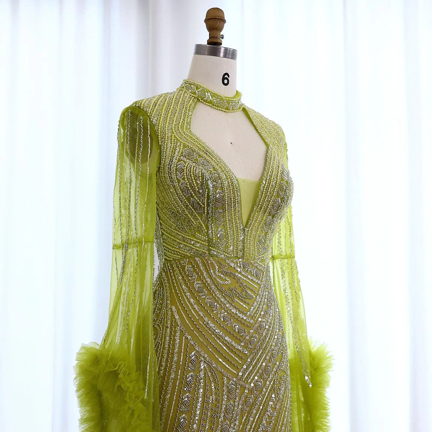 Luxury Sage Green Evening Dress with Cape Sleeves SS020