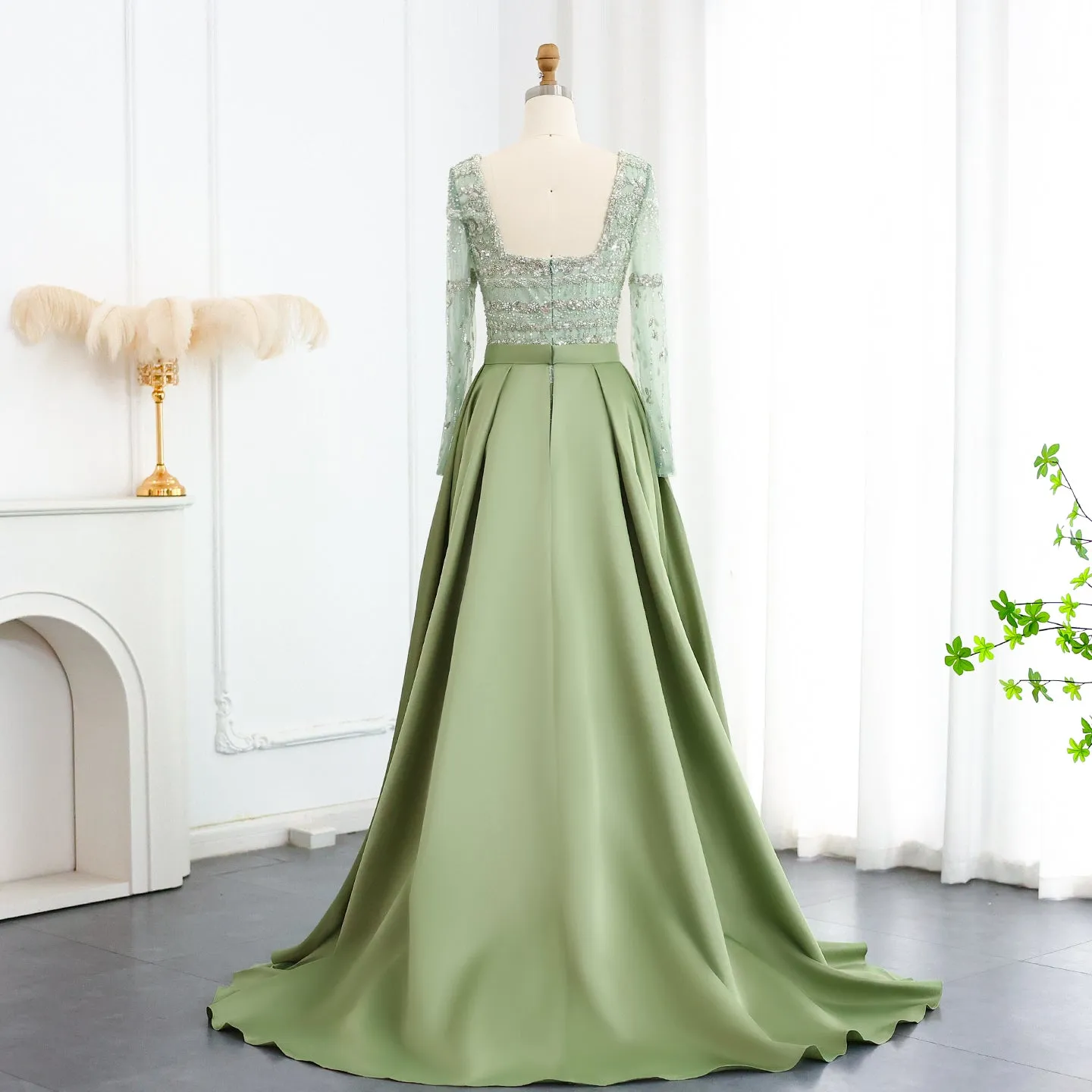 Luxury Sage Green Evening Dress with Detachable Overskirt SS238A