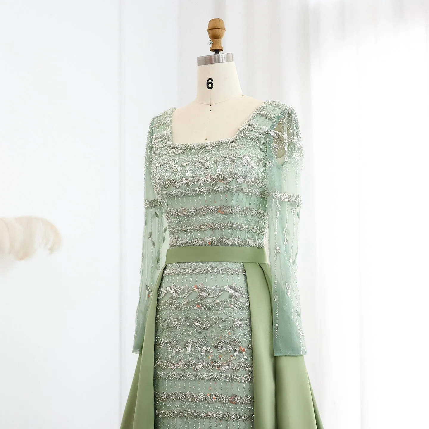 Luxury Sage Green Evening Dress with Detachable Overskirt SS238A