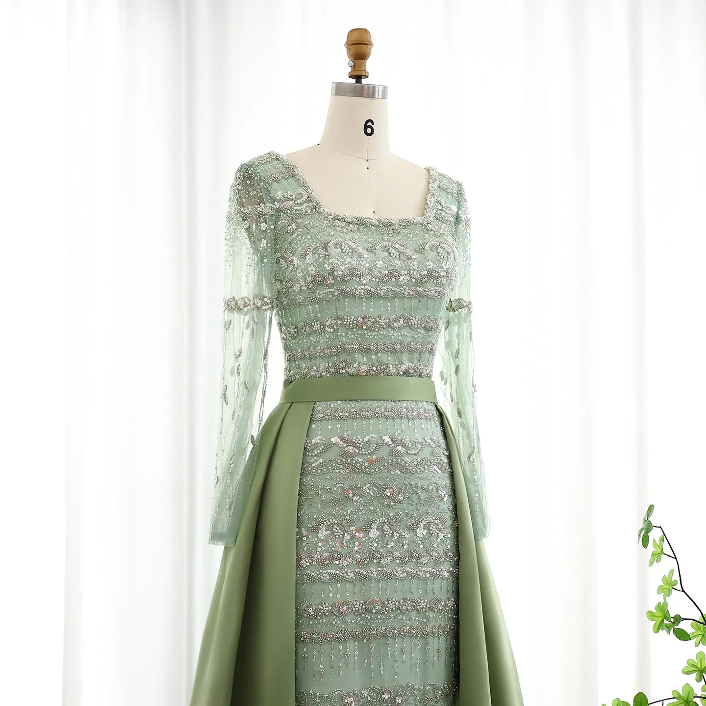 Luxury Sage Green Evening Dress with Detachable Overskirt SS238A