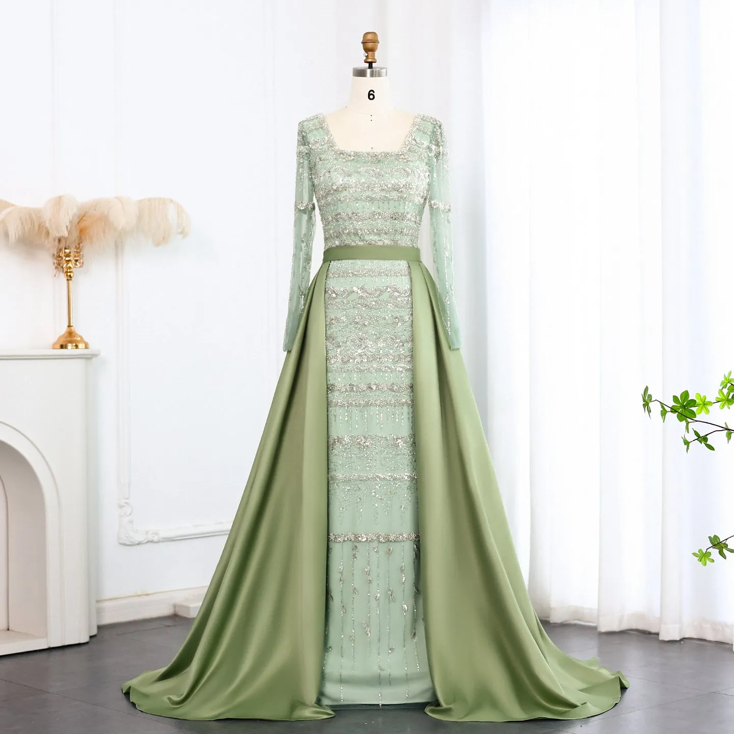 Luxury Sage Green Evening Dress with Detachable Overskirt SS238A