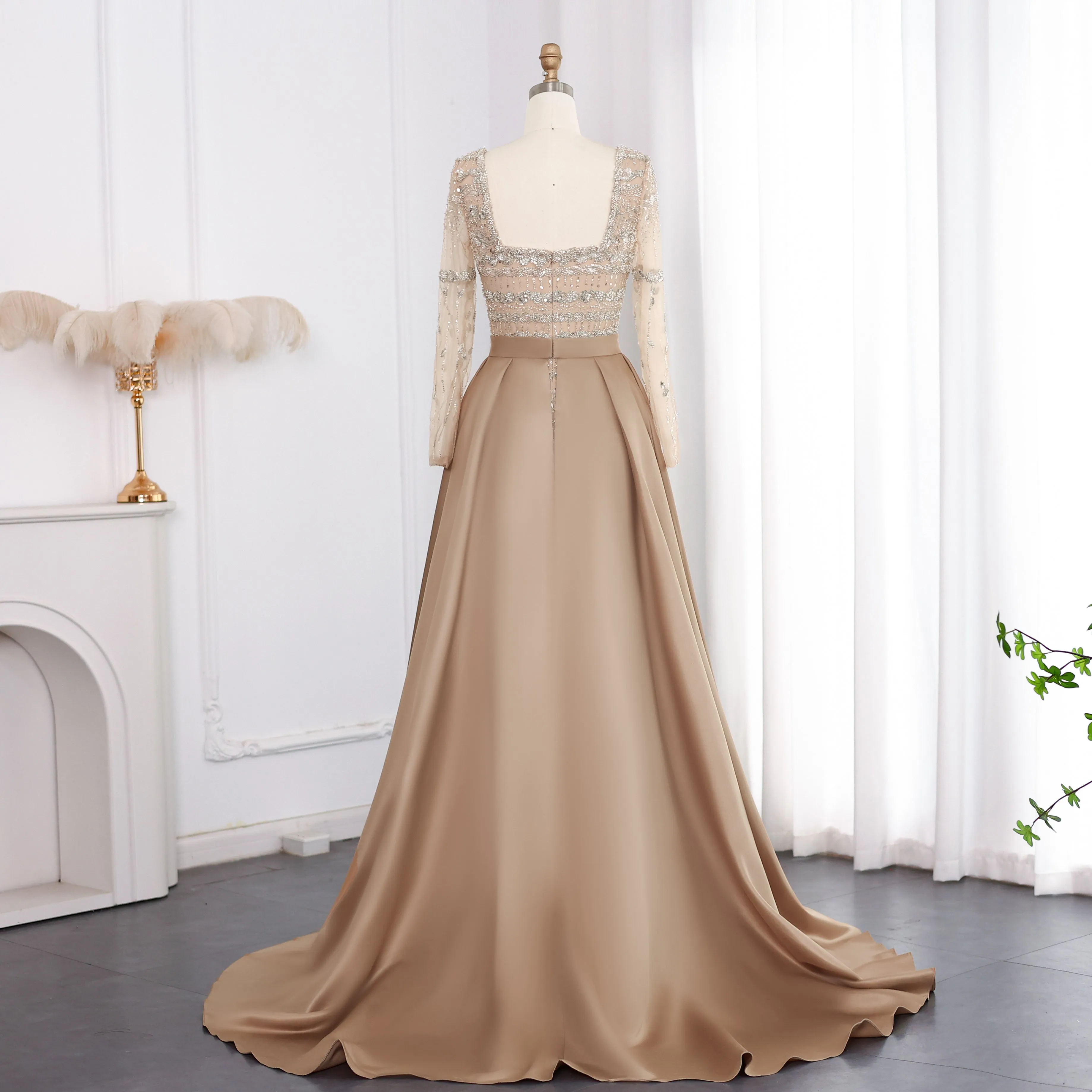 Luxury Sage Green Evening Dress with Detachable Overskirt SS238A