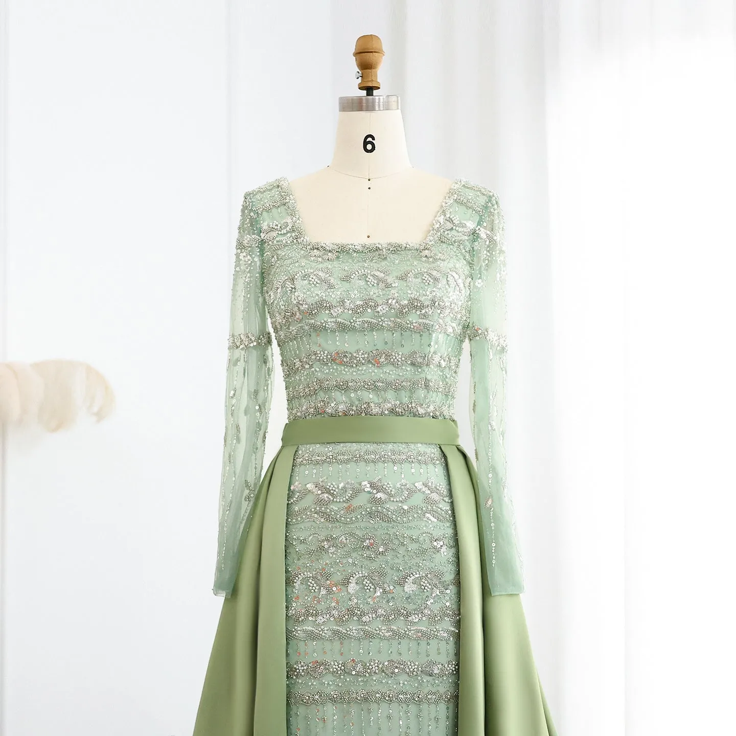 Luxury Sage Green Evening Dress with Detachable Overskirt SS238A