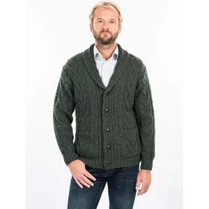 Men's Aran Cable Shawl-Collar Cardigan - Dark Green