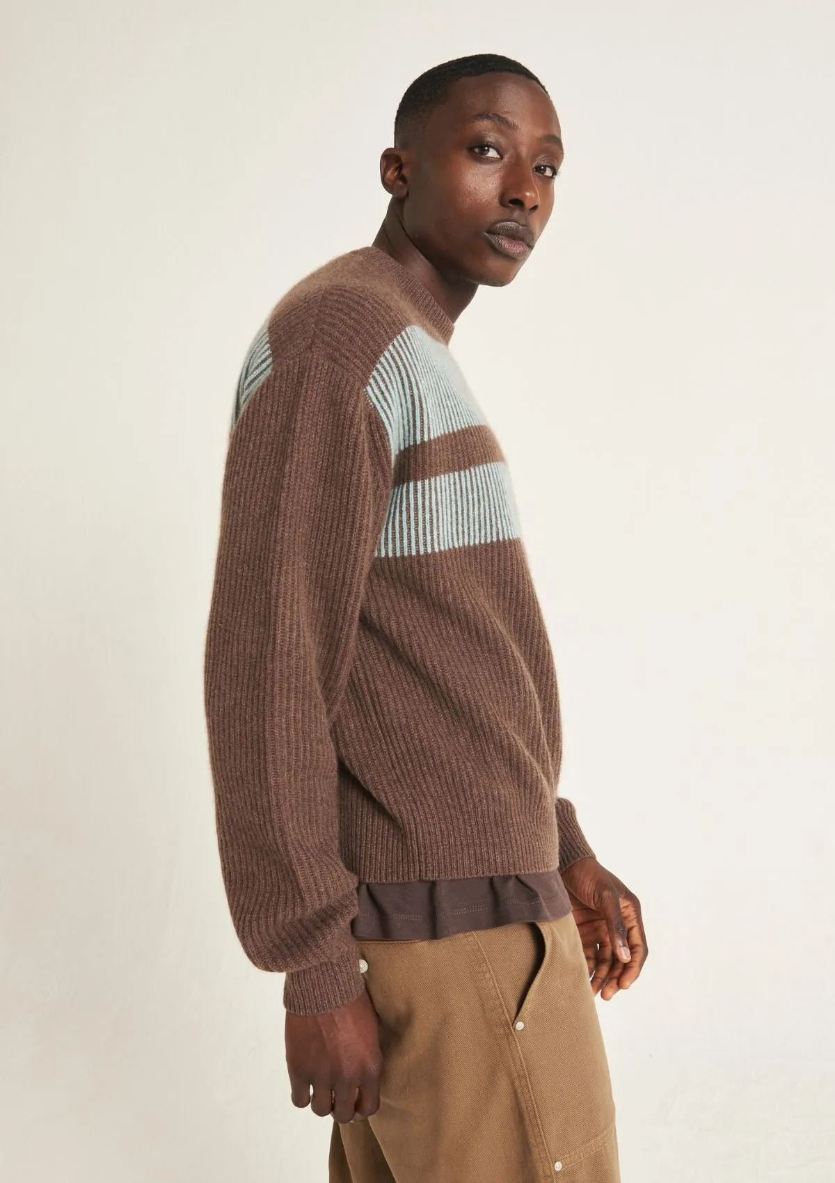 Mens Cashmere Ribbed Crew Neck Sweater in Cedar Brown