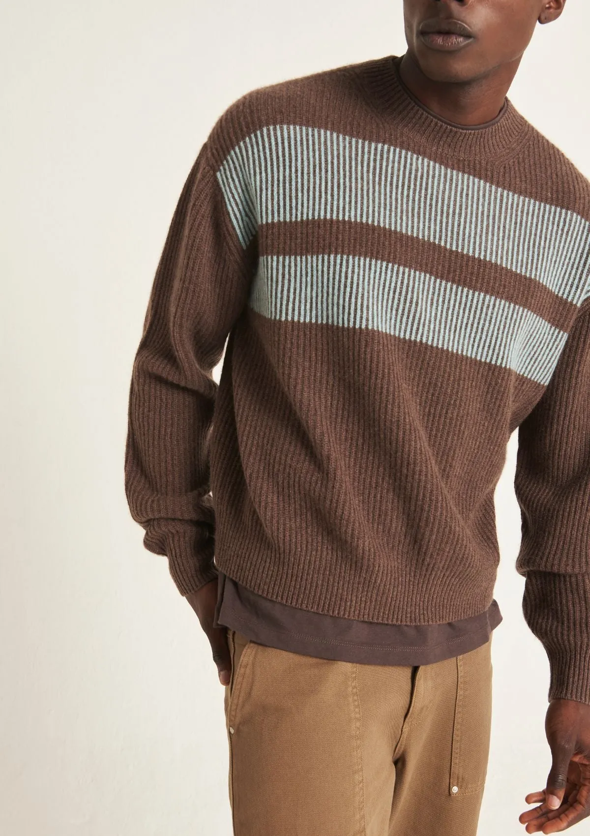 Mens Cashmere Ribbed Crew Neck Sweater in Cedar Brown