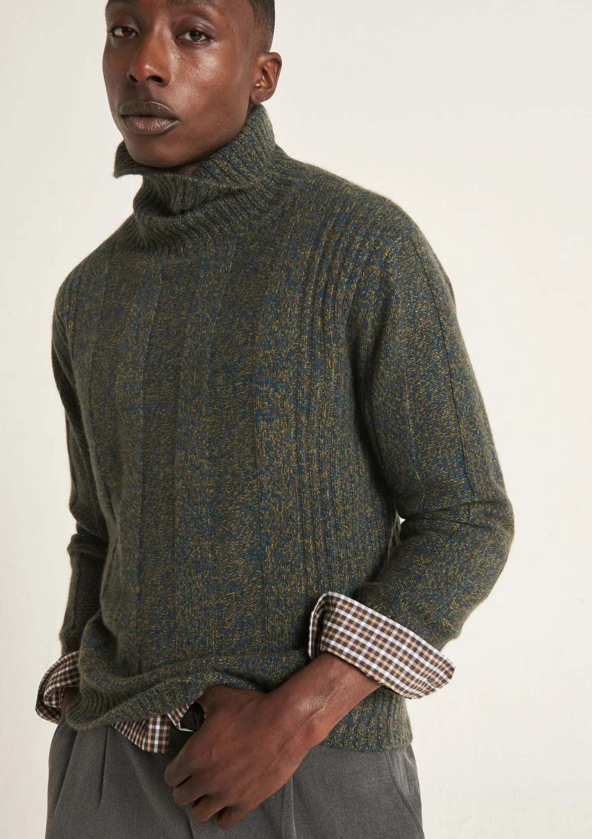 Mens Cashmere Ribbed Polo Neck Sweater in Blue Depths