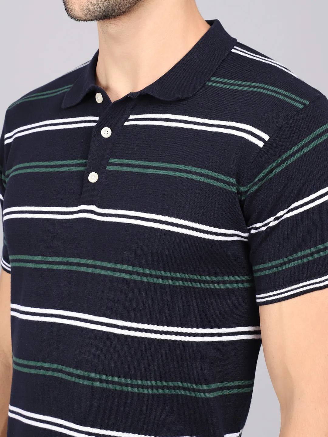 Men's Navy Blue Stripe Polo neck Half Sleeve Flatknit T-Shirt