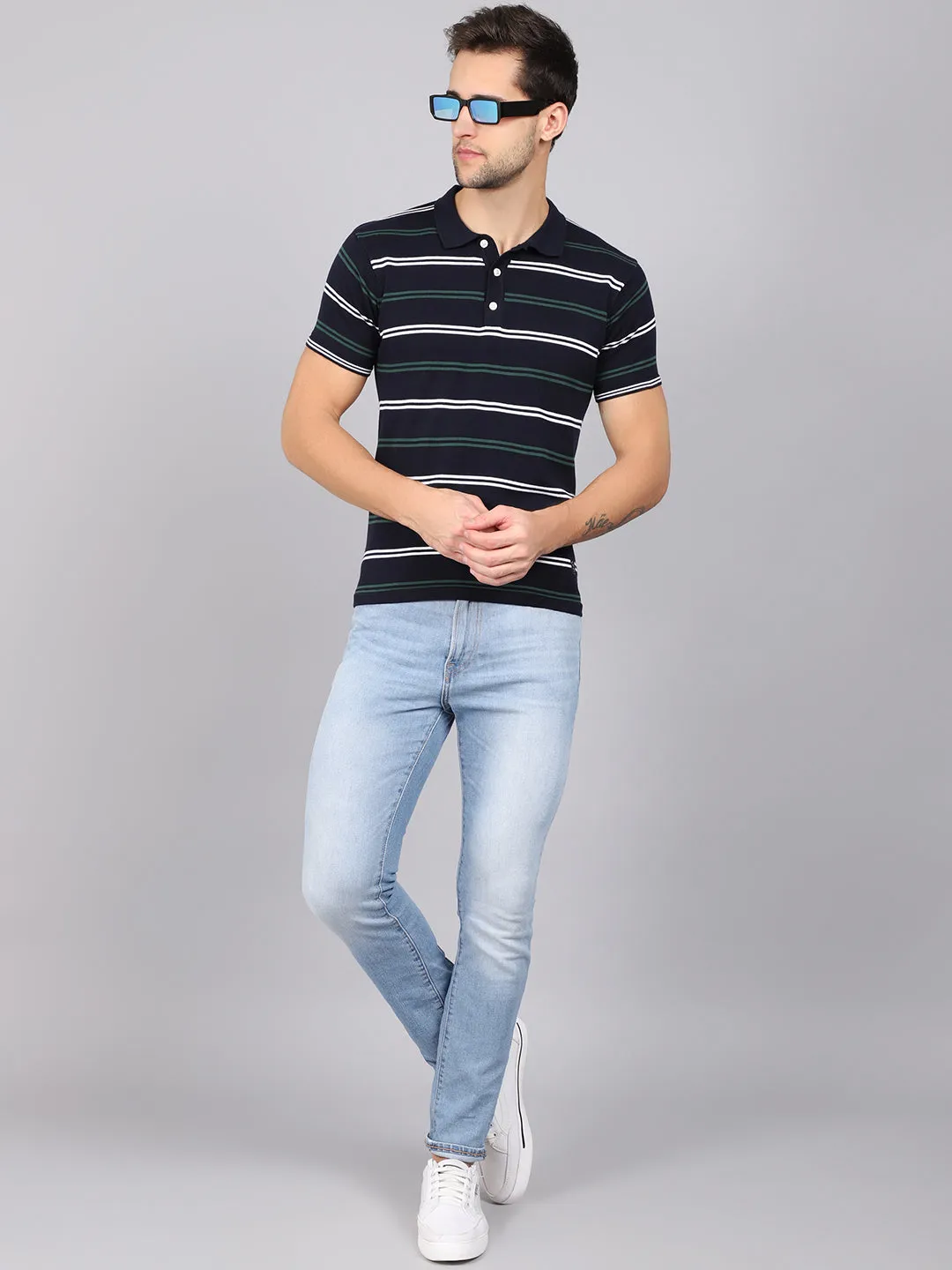 Men's Navy Blue Stripe Polo neck Half Sleeve Flatknit T-Shirt