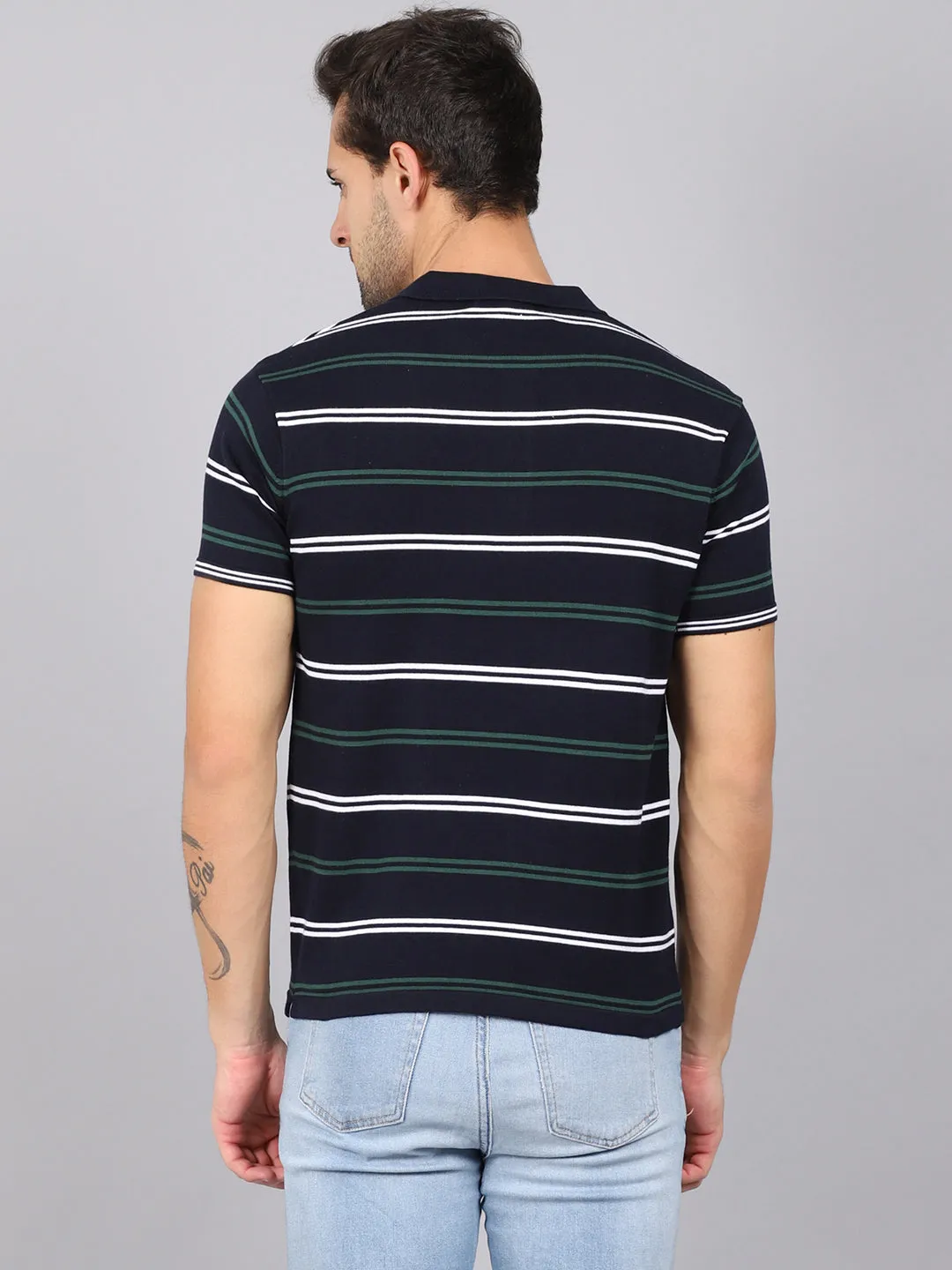 Men's Navy Blue Stripe Polo neck Half Sleeve Flatknit T-Shirt