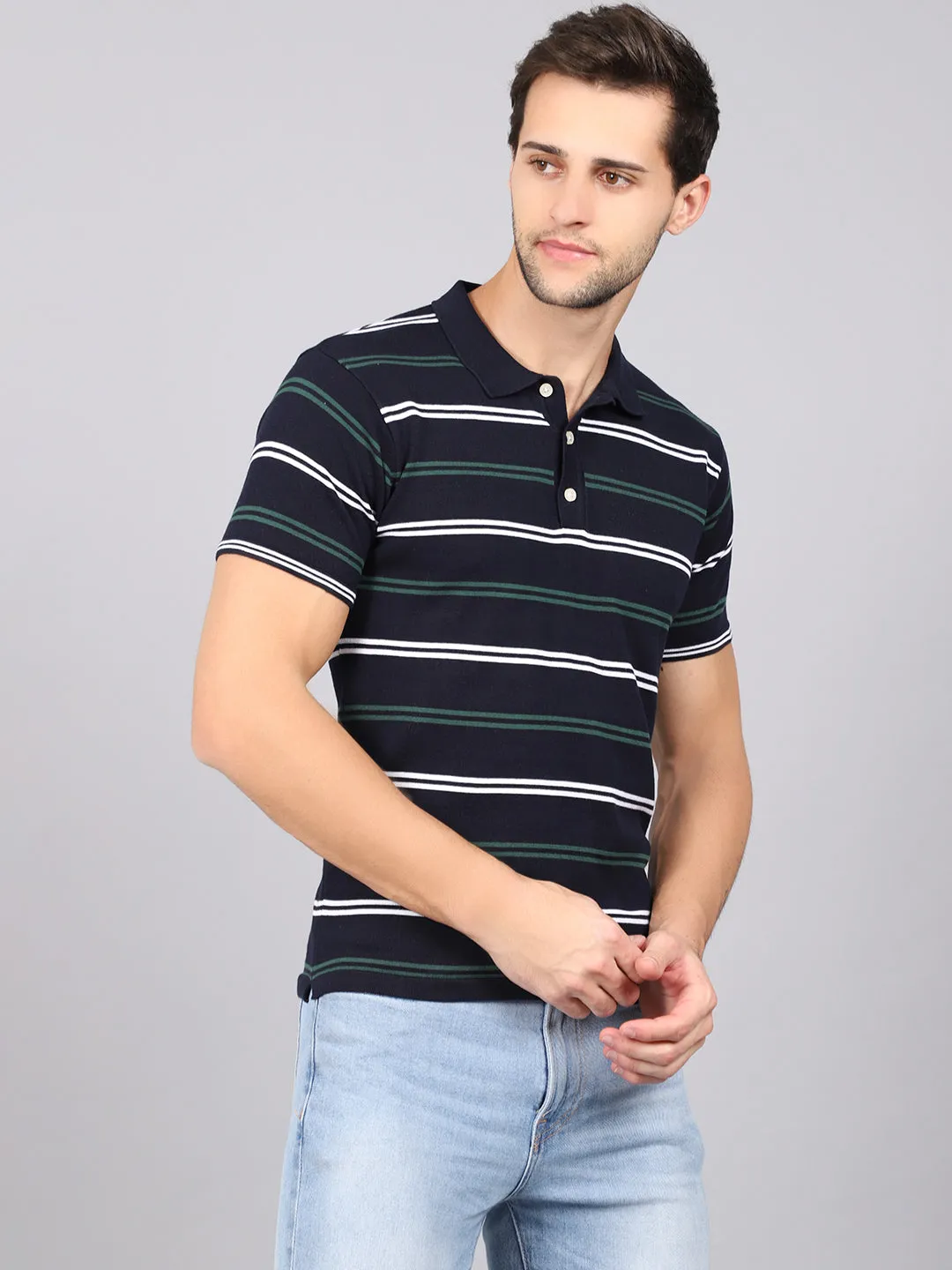 Men's Navy Blue Stripe Polo neck Half Sleeve Flatknit T-Shirt