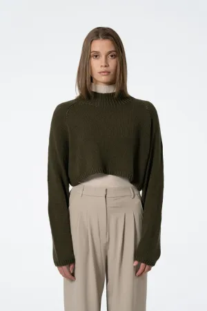 Merino Cropped Sweater in Olive Green