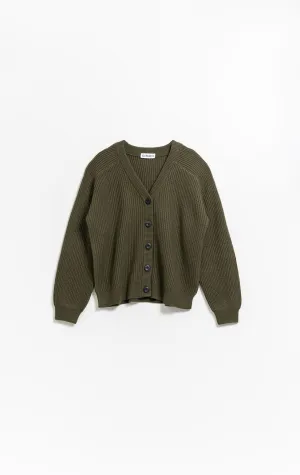 Merino Short Rib Cardigan in Olive Green