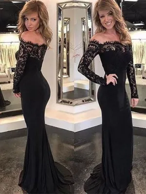 Mermaid Off-Shoulder Sweep Train Chiffon Appliqued Black Evening Dresses ABC0007