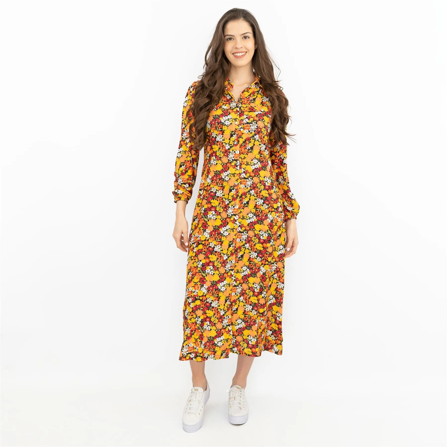 Oasis Orange Floral Long Sleeve Button-Up Midi Shirt Dresses