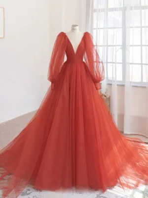 Orange v neck tulle long prom dress orange evening dress