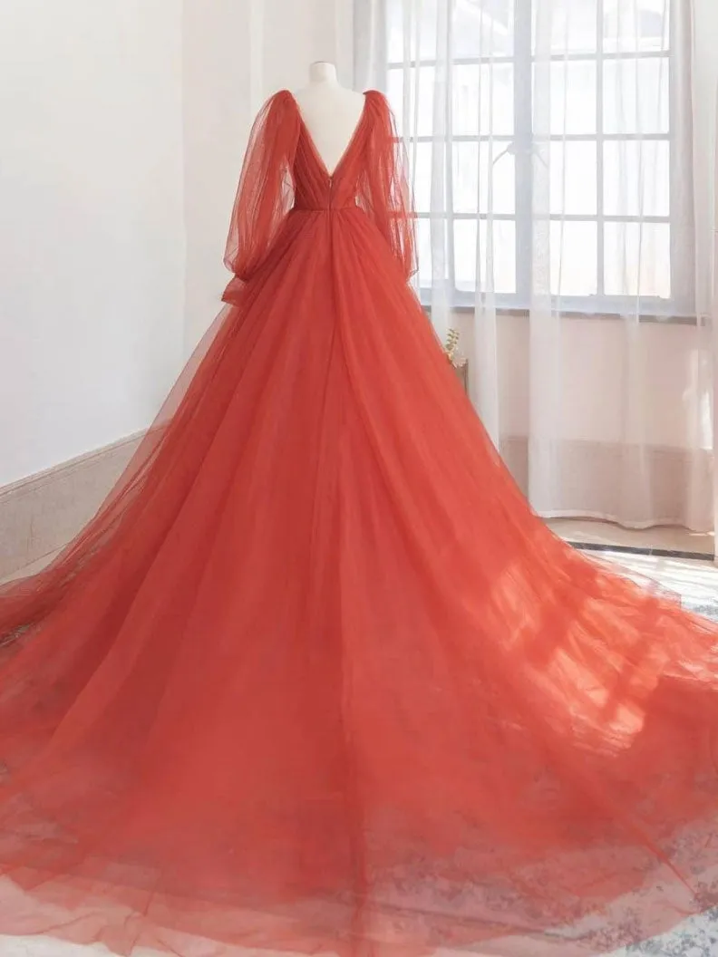 Orange v neck tulle long prom dress orange evening dress