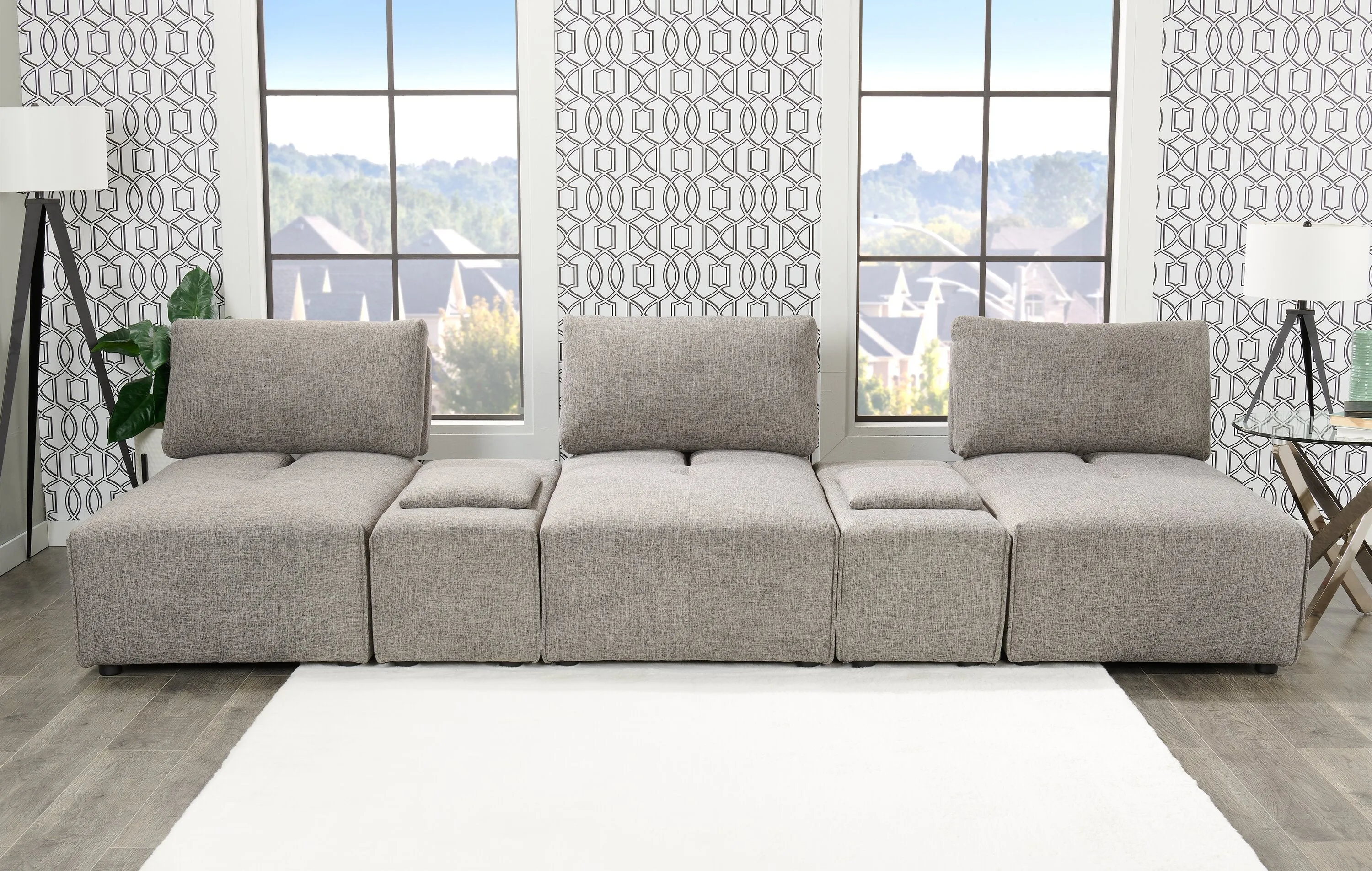 Orenda 5-Piece Linen-Look Fabric Modular Sectional with 2 Consoles - Grey