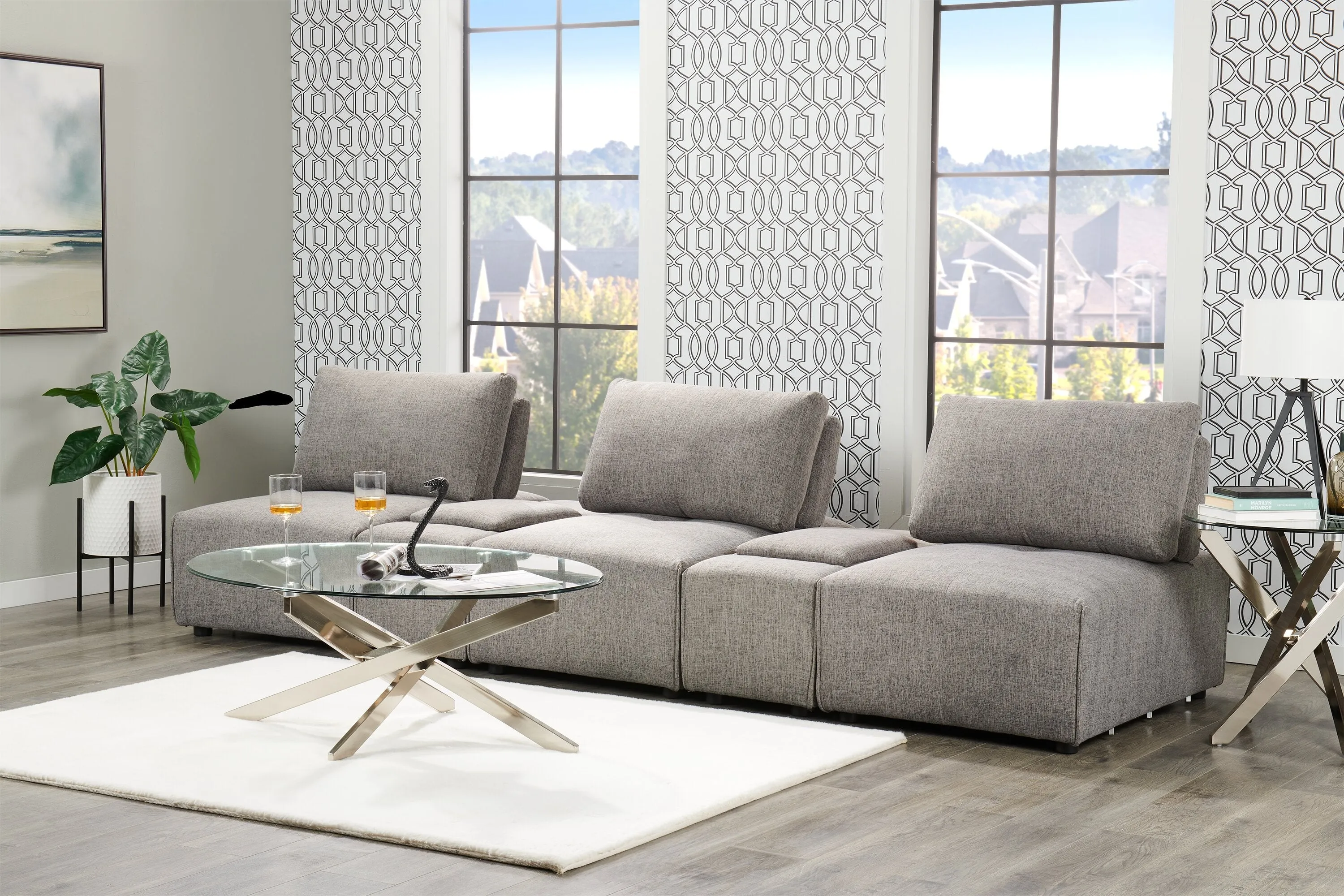 Orenda 5-Piece Linen-Look Fabric Modular Sectional with 2 Consoles - Grey