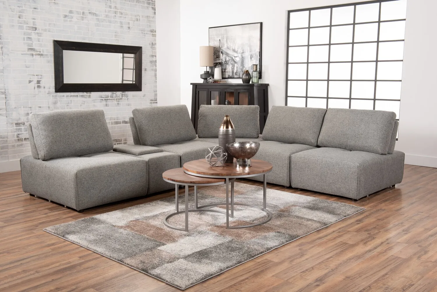 Orenda 6-Piece Linen-Look Fabric Modular Sectional with 1 Console - Grey