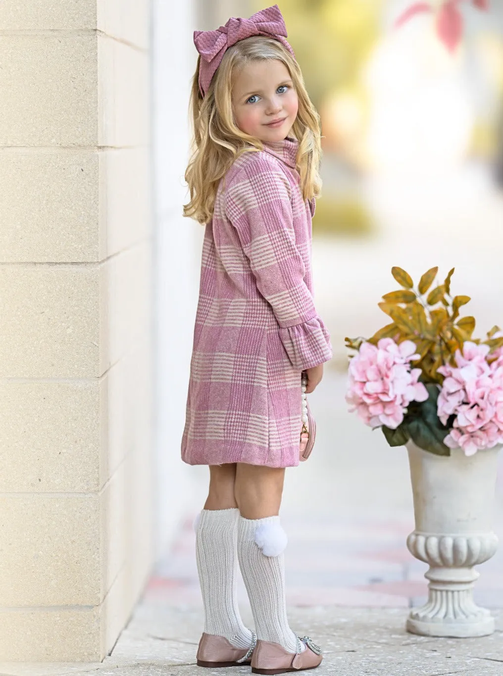 PRETTY IN PINK TARTAN PLAID LONG SLEEVE SHIFT DRESS