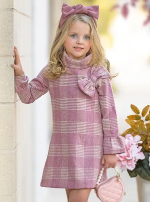 PRETTY IN PINK TARTAN PLAID LONG SLEEVE SHIFT DRESS