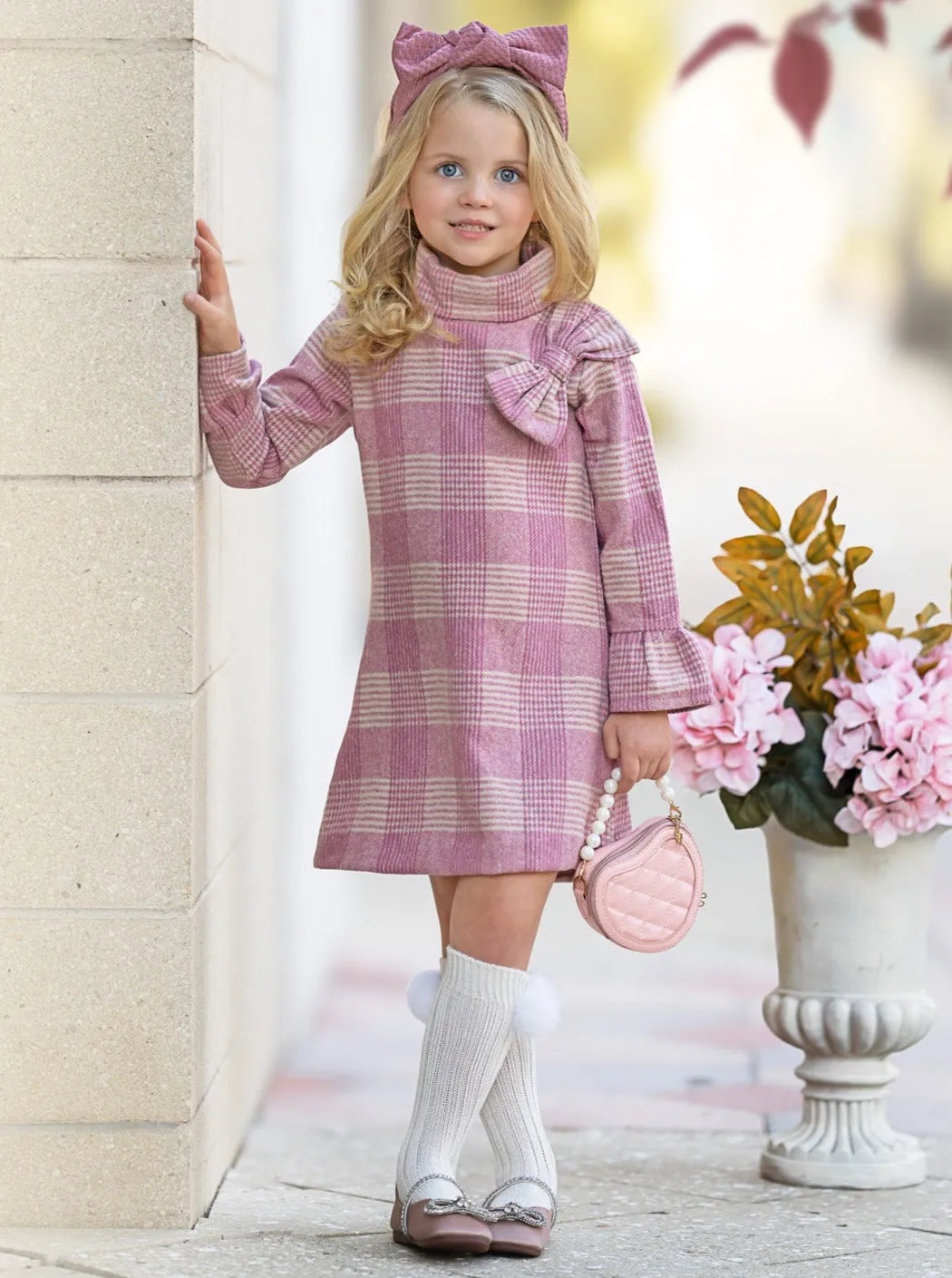 PRETTY IN PINK TARTAN PLAID LONG SLEEVE SHIFT DRESS