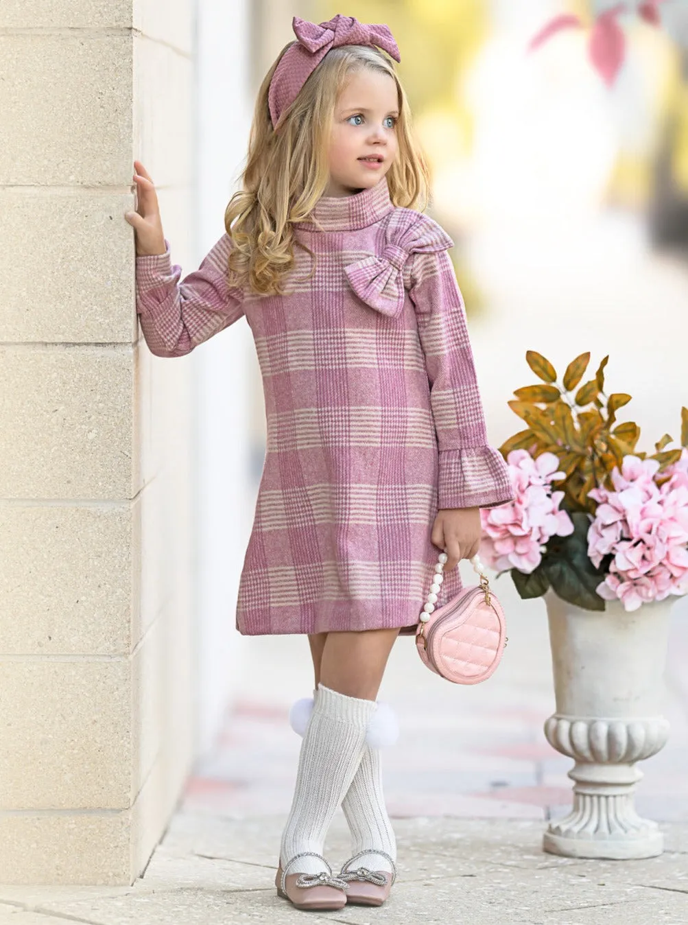 PRETTY IN PINK TARTAN PLAID LONG SLEEVE SHIFT DRESS